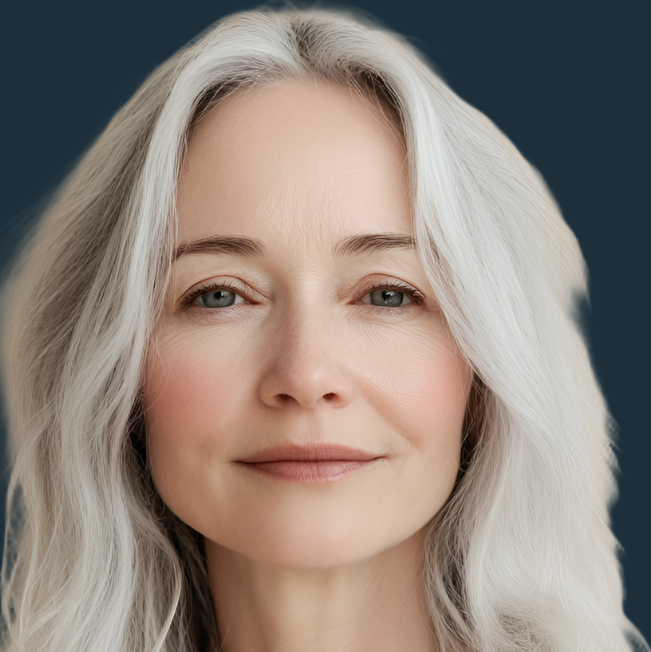 Woman with long, wavy, light-colored hair against a dark background