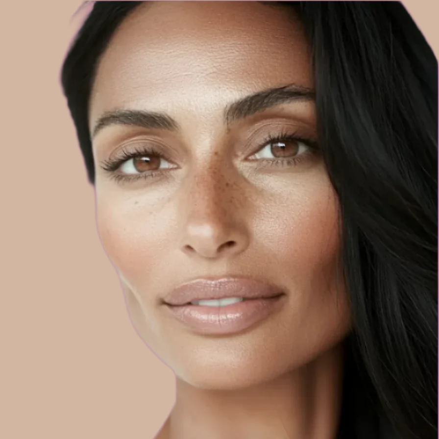 Close-up of a woman's face with a neutral background