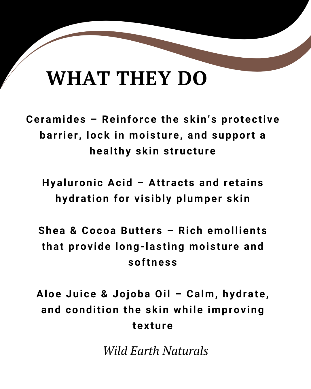 Text detailing the benefits of Ceramides, Hyaluronic Acid, Shea & Cocoa Butters, Aloe Juice & Jojoba Oil with Wild Earth Naturals branding.