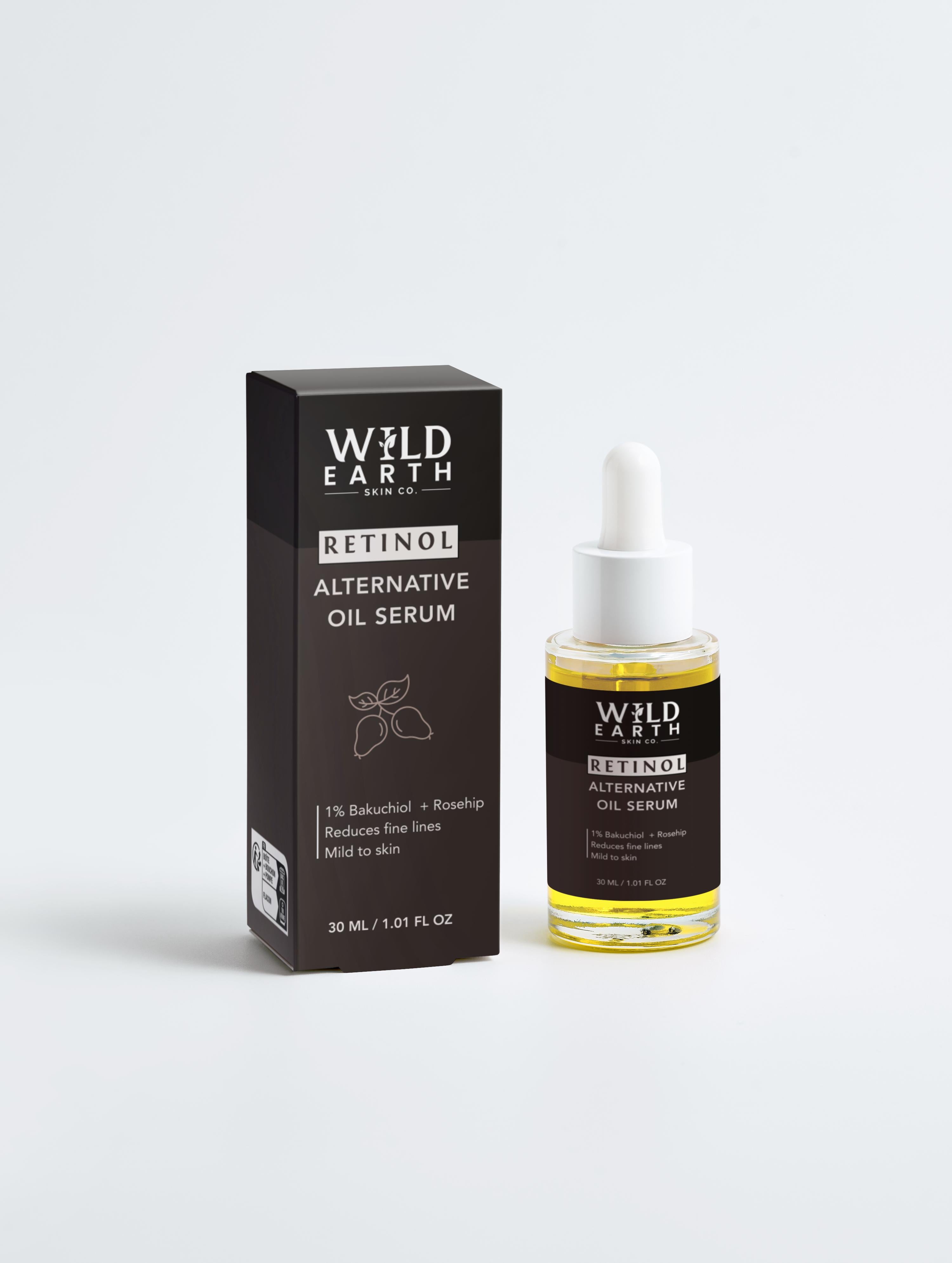 Wild Earth Retinol Alternative Oil Serum bottle and packaging on a light gray background